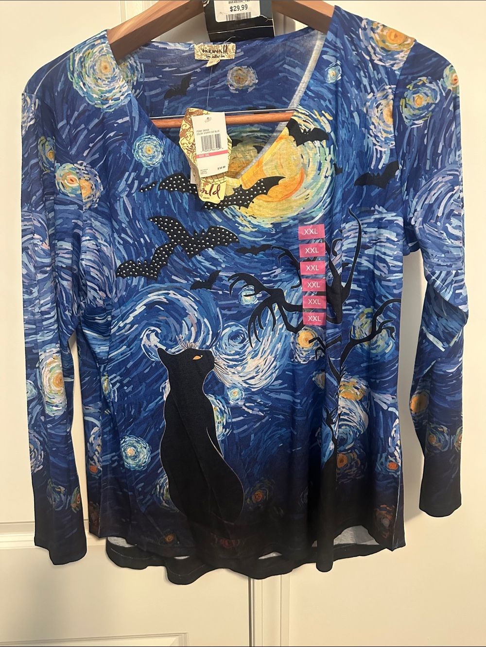 ONE WORLD Long Sleeve Teal and Black Starry Night Cat Tee
